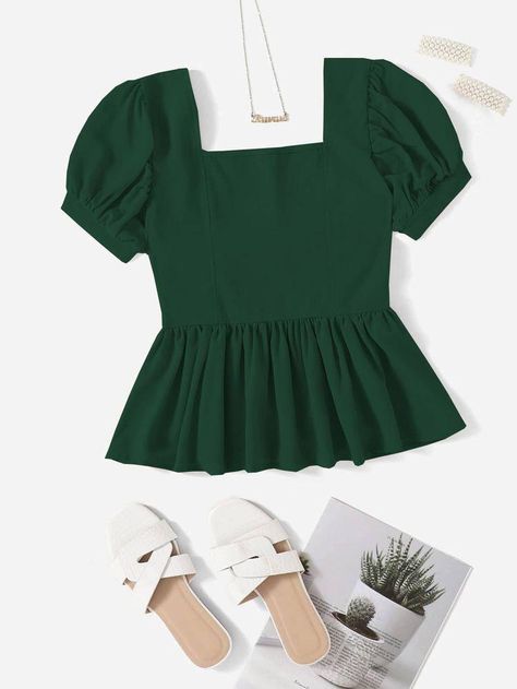 Green Top Outfit, Ruffle Hem Blouse, Simple Frocks, Fashion Top Outfits, Fashion Tops Blouse, Trendy Fashion Tops, Hem Blouse, Top Shirt Women, Crop Top Outfits