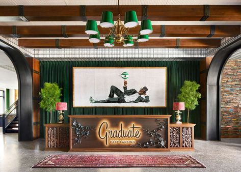 Graduate Hotels Announces Opening Of Graduate East Lansing – Hospitality Net Michigan State University Campus, The Graduate Hotel, Graduate Hotel, View Aesthetic, Tufted Headboards, Sports Illustrated Covers, Cafe Concept, Places In Usa, Living Room Mood Board