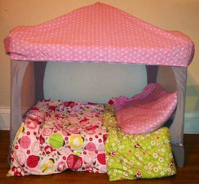 Tricked out, modified, and hacked baby gear - Rookie Moms Pack N Play Toddler Bed, Baby Gear Storage, Reading Tent, Cool Forts, Diy Toddler Bed, Campfire Recipes, Tents Camping, Diy Wedding Arch, Pack N Play