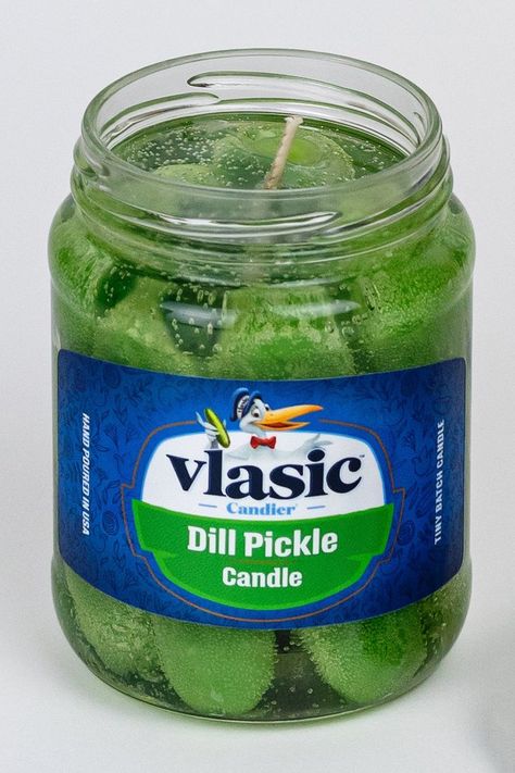 While it may look like a real jar of Vlasic Dill Pickles at first glance, the flaming wick on top gives it away as a candle that smells just like dill pickles. Canning Pickles Recipe, Pickle Gifts, Vinyl Blanks, Dill Pickles, Weird Food, Dr Pepper, Dill Pickle, Birthday Wishlist, Christmas Wishes