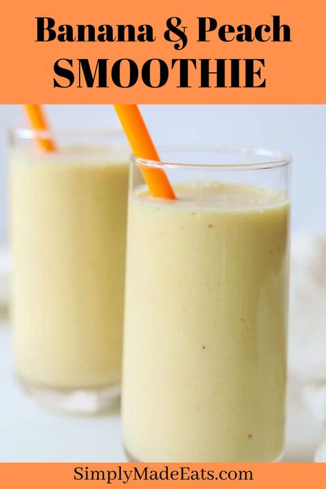 Banana peach smoothie in glasses. Greek Yogurt Health Benefits, Easy Breakfast On The Go, Quick Breakfast On The Go, Yogurt Health Benefits, Peach Banana Smoothie, Homemade Drinks Recipes, Mango Pineapple Smoothie, How To Peel Peaches, Peach Smoothie