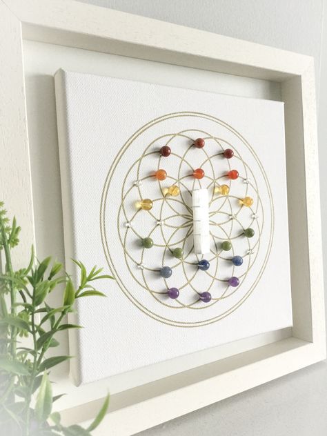 Crystal Artwork, Crystal Wall Art, Crystal Mandala, Stone Wall Art, Healing Room, Gemstone Art, Flower Stencil, Statement Art, Crystal Magic