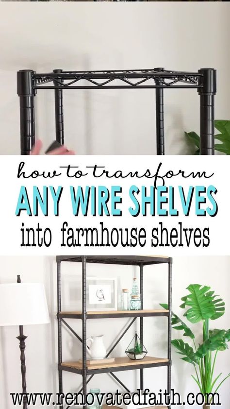 Wire Shelving Makeover, Diy Industrial Shelves, Industrial Shelf Diy, Diy Pipe Shelves, Shelf Makeover, Industrial Shelves, Industrial Pipe Shelves, Diy Pipe, Farmhouse Shelves