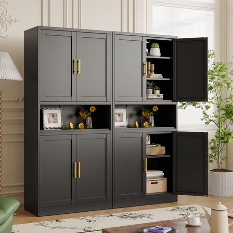 PRICES MAY VARY. 【Versatile Storage Solution】: Our storage cabinet is made of cold-rolled steel, featuring adjustable feet and shelves for easy customization. With its spacious design, it provides ample room to store small appliances, utensils, files, books, and even decorative items. Add a touch of elegance to your space while keeping everything organized. 【Durable Construction】: Crafted from high-quality materials, this hollow cabinet is built to last. Its metal frame ensures sturdiness and st Modern Hutch Cabinet, Small Cabinet Pantry, Pantry Cabinets Ideas, Steel Cupboard Design, Appliance Cabinet Kitchen, Wall To Wall Cabinets, Custom Pantry Cabinet, Black Storage Cabinets, Entrance Laundry Room