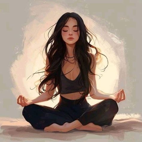 Calm Mind Illustration, One Step At A Time Illustration, Meditation Sitting Pose, Long Hair Girl Drawing, Inner Peace Illustration, Person Sitting Cross Legged, Peace Illustration Art, Meditating Illustration, Cross Legged Pose