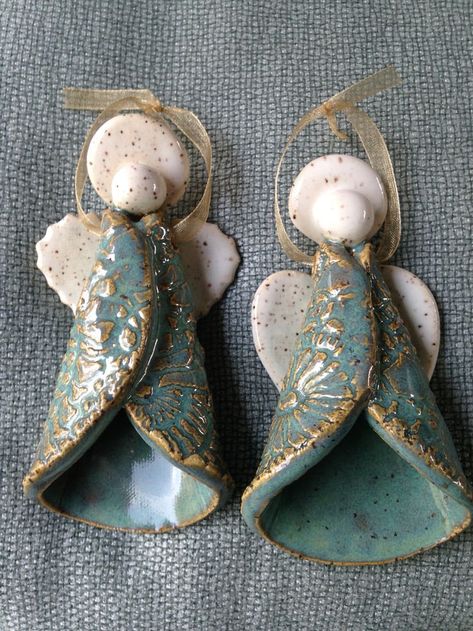 Pottery Angel Ornaments by Karen Lucid Handmade Ceramic Christmas Decorations, Polymer Clay Crafts For Beginners, Clay Nativity, Holiday Pottery, Clay Angel, Christmas Pottery, Pottery Angels, Pottery Christmas, Teacher Projects