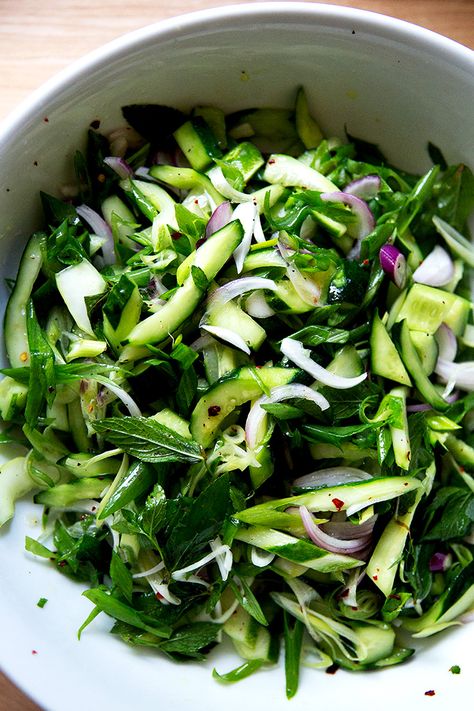 Classic & Simple Cucumber Salad | Alexandra's Kitchen Cucumber Mint Salad, Cucumber Dressing, White Balsamic Vinaigrette, Mint Salad, White Balsamic Vinegar, Favorite Cookbooks, Summer Eating, Crushed Red Pepper Flakes, Balsamic Vinaigrette