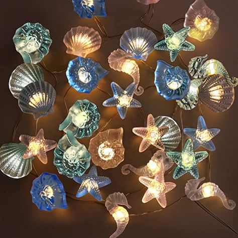 Amazon.com: Beach Ocean Decor String Lights Christmas Decorations, JOYFULPARTNER Nautical Theme Seashell Seahorse Conch Starfish Light 10FT 30LED Fairy Twinkle Lights Remote Battery Operated & USB for Bedroom : Everything Else Beach Lights, Seashell Seahorse, Dorm Party, Battery Powered Fairy Lights, String Lights In The Bedroom, Beach Lighting, Battery String Lights, Ocean Party, Camping Decor