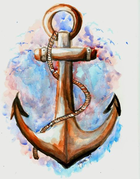 anchor with watercolor Mermaid Anchor Tattoo, Watercolour Reference, Anchor Painting, Anchor Art, Oyster Shell Crafts, Water Tattoo, Bond Paper Design, Navy Wife, Mermaid Tattoo