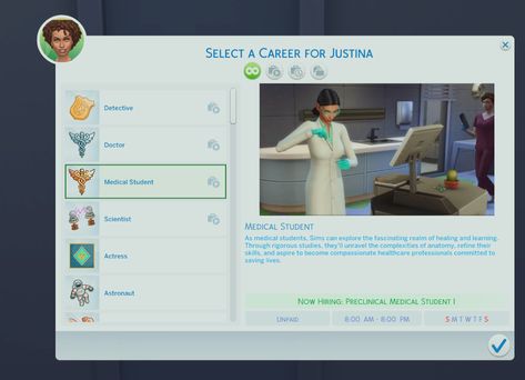 Medical School Student Mod (V2) | ellesimsworld Sims 4 Medical School, Sims 4 Career Mods, Sims 4 College, Librarian Career, Sims 4 Jobs, Medical Intern, Mods Sims 4, Cc Clothes, College Majors