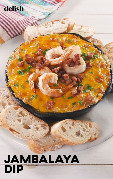 This Cajun-Spiced Jambalaya Dip Is Anything But BoringDelish Cajun Wedding Food, Jambalaya Dip, Mardi Gras Appetizers, Cajun Appetizers, Spicy Grilled Shrimp, Shrimp Cakes, Hot Crab Dip, Mussels Recipe, Okra Recipes