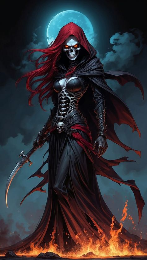 La Femme Reaper Red Grim Reaper Wallpaper, Grim Reaper Design Concept Art, Female Reaper Art, Grim Reaper Woman, Reaper Woman, Girl Grim Reaper, Red Grim Reaper, Female Reaper, Sorceress Art