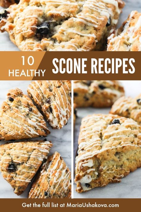 10 Healthy Scone Recipes you can serve for breakfast or eat as a snack! The list includes scones made with a variety of flours such as spelt or whole wheat flour. There are also gluten-free scones made with almond or sorghum flour. The flavors include sweet and savory scones, including traditional flavor variations such as apple cinnamon and blueberry, as well as some unique flavor combinations. #scones #healthy #recipe #cleaneating Whole Meal Scones, Scones Healthy Recipe, Whole Wheat Flour Scones, Grain Free Scones, Healthy Scone Recipe, Healthy Scones Recipe Clean Eating, Whole Wheat Scones Healthy, Spelt Flour Scones, Healthy Breakfast Scones