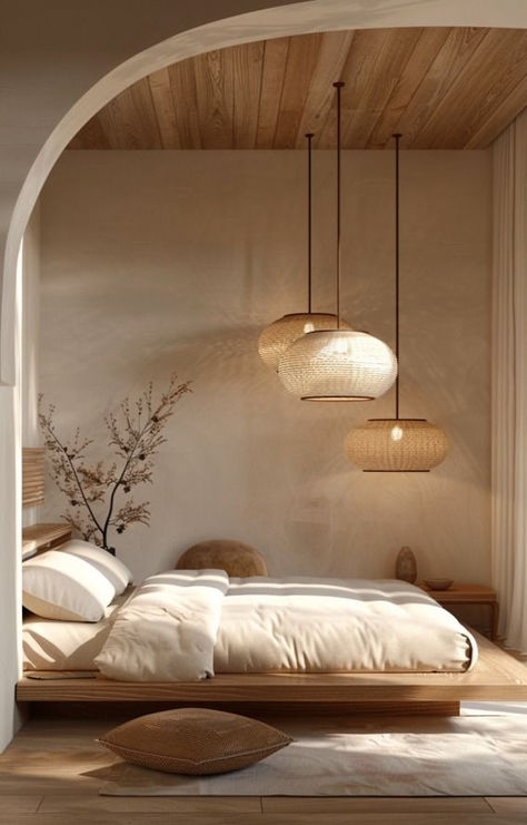 bedroom inspiration japandi style aesthetic  credit: bienvenuechezginette.com Japandi Small Apartment Bedroom, Japandi Bedroom Apartment, Japandi Home Design, Warm Home Interior, Wooden Bedroom Design, Warm Minimalist Bedroom, Japandi Door, Japandi Interiors Bedroom, Japandi Bedroom Interior Design