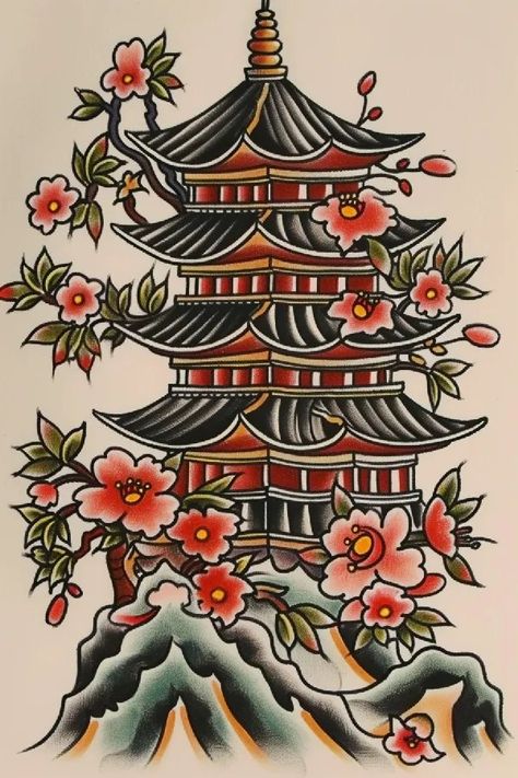 tattoo sketch A geisha with a kimono that transitions – Tattoo Design | ideas | inspirations | and more Temple Tattoo Japanese, Traditional Japanese Temple Tattoo, Japan Temple Drawing, Japanese Castle Tattoo, Japanese Temple Tattoo, Traditional Japanese Tattoo Flash, Geisha Tattoo Design, Symmetrical Tattoo, Temple Tattoo