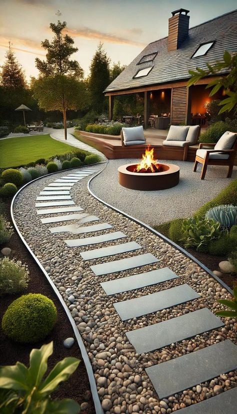 Backyard Gravel Ideas, Backyard Ideas Simple, Fire Pit Ideas Backyard, Backyard Fire Pit Ideas, Cottage Backyard, Garden Fire Pit, Fire Pit Area, Outdoor Gardens Design, Home Landscaping