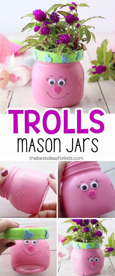 Make these adorable Trolls Mason Jars for a Trolls-themed party or for a kids room! Trolls party ideas, Trolls crafts, Trolls kids crafts, Poppy Trolls ideas, Poppy Trolls crafts, Spring Crafts, Summer Crafts for Kids #bestideasforkids #trolls #summer #spring #craft #diy #kidscraft #trollsparty via @bestideaskids Vacation Crafts, Trolls Party, Mason Jar Projects, Troll Party, Spring Crafts For Kids, Wine Bottle Diy Crafts, Summer Crafts For Kids, Mason Jar Crafts Diy, Wine Bottle Crafts