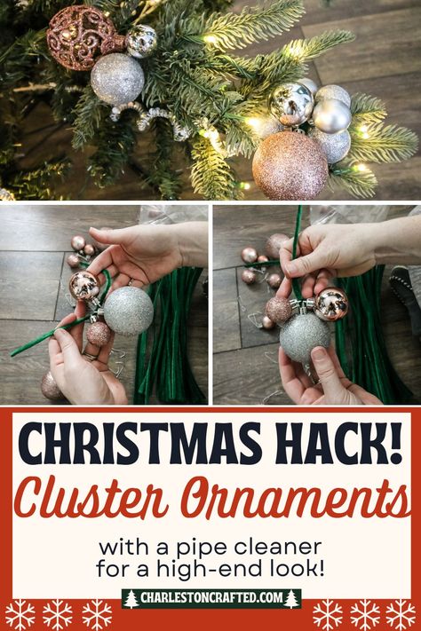 New Ornament Ideas, Cheap Tree Decorating Ideas, Christmas Tree Decorations Glass Clear Ornaments, Twine Ball Ornaments, Ornaments Clusters Diy, 3 Ornaments Tied Together On Christmas Tree, Tree Cluster Christmas, Antique Ornaments Display, Christmas Trees With No Ornaments