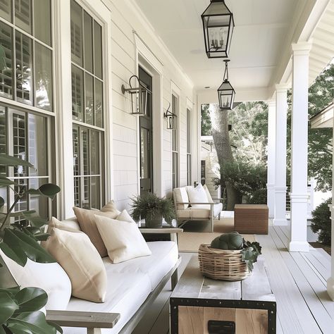 Southern Charm Cream Front Porch Design Inspiration Southern Wrap Around Porch, Southern Front Porches, Traditional Southern Home, Southern Charm Decor, Modern Southern Home, Evergreen House, Big Porch, Southern Porches, Reclaimed Wood Beams