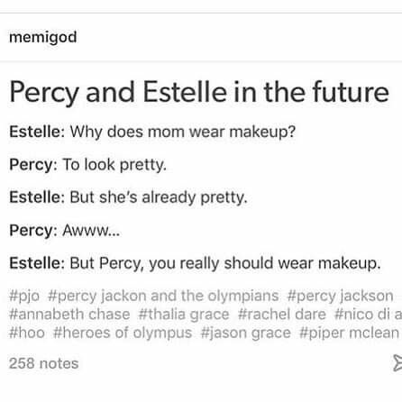 ESTELLE IS SASSY. SHE GETS IT FROM HER BROTHER. Estelle Percy Jackson, Percy Jackson Estelle, Percy Jackson And Estelle, Estelle And Percy, Percy And Estelle, Estelle Blofis, Pjo Funny, Greek Mythology Humor, Percy Jackson Head Canon