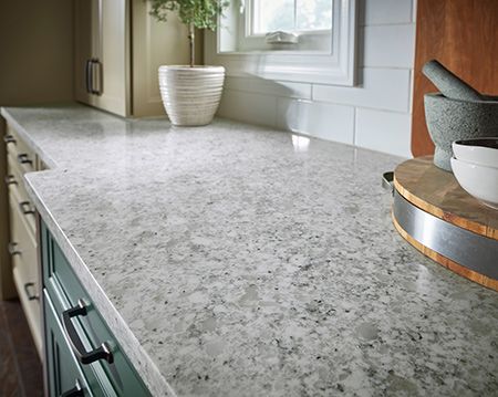 Everest Quartz Countertops, Black And White Granite Countertops, Popular Granite Countertops, Viatera Quartz Countertops, Modern Countertops, Gray Quartz Countertops, Granite Tile Countertops, Small Kitchen Decoration, White Cabinets White Countertops