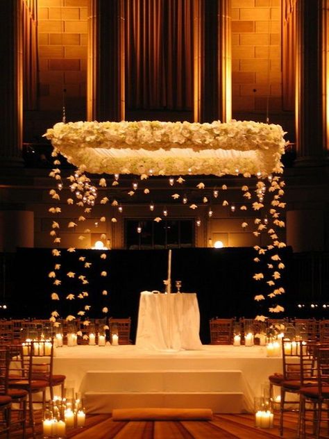 String fall leaves on fishing line for a similar look, also tulle is your friend for cheap wow decor Winter Wedding Arch, Wedding Chuppah, Indoor Wedding Ceremonies, Wedding Ceremony Arch, Light Backdrop, Wedding Ceremony Backdrop, Floating Flowers, Ceremony Backdrop, Jewish Wedding