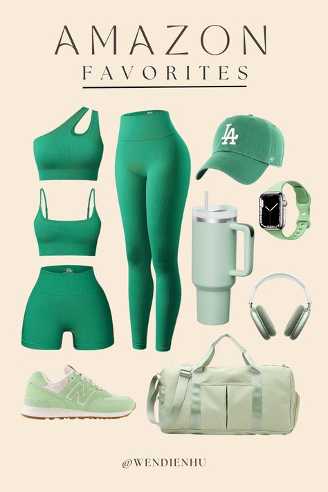 Green Workout Aesthetic, Green Athletic Outfit, Running Tights Outfit, Green Workout Outfit, Green Workout Clothes, Green Gym Outfit, Airpod Max Aesthetic, Baddie Workout, Amazon Workout Sets