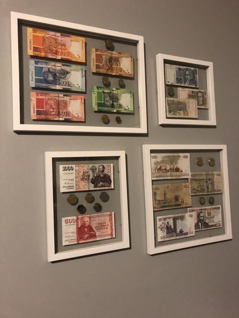 How To Display Foreign Currency, Foreign Currency Display Ideas, Money Frame, Coin Frame, Souvenir Display, Space Saving Furniture Bedroom, Travel Gallery Wall, Travel Wall Decor, Money Collection