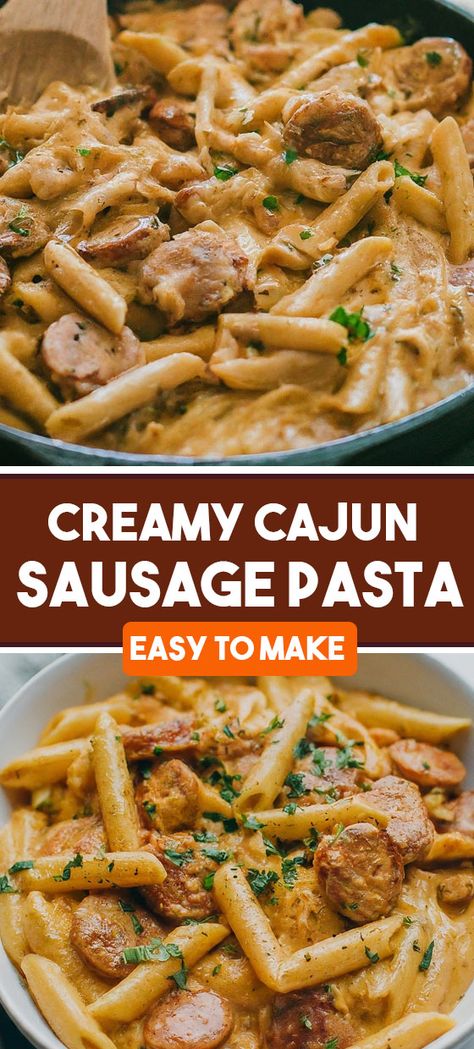 Discover the irresistible flavor of Creamy Cajun Sausage Pasta! Featuring smoked sausage, Rotini pasta, and a rich Cajun-infused sauce, this dish is a delicious combination of savory and spicy. Perfect for busy nights or casual dinners, it's a must-try recipe! Cajun Sausage Pasta Easy, Homemade Kielbasa, Kielbasa Sausage Recipes, Smoked Sausage Recipes Pasta, Cajun Sausage Pasta, Creamy Sausage Pasta, Creamy Cajun Pasta, Smoked Sausage Pasta, Cajun Sausage