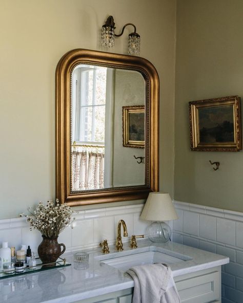 Bathroom • Instagram Carley Summers, Carley Page, Green Wall Color, Instagram Bathroom, Glam Pad, Sacred Spaces, Upstairs Bathrooms, Classic Interior, Bath Furniture