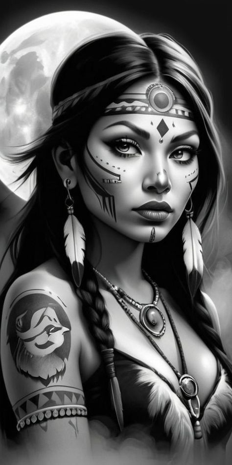 Native American Warrior Tattoos For Women, Native American Indians Tattoo, Indian Girl Tattoo, Native American Queen, Indian Women Tattoo, Girl Tattoo Design, Native Indian Tattoos, Indian Girl Tattoos, Native American Tattoo Designs