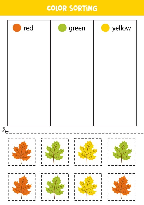 Download the Sort hand drawn leaves by colors. Learning colors for children. 11744387 royalty-free Vector from Vecteezy for your project and explore over a million other vectors, icons and clipart graphics! Fall Shapes Preschool, Fall Sorting Activities Preschool, Leaf Theme Preschool Activities, Autumn Activities For Kids Preschool, Leaves Activities For Preschoolers, Leaves Crafts For Toddlers, Harvest Preschool Activities, September Clipart, Preschool November