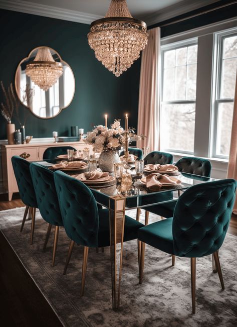 Find the best glam dining room ideas. From opulent decor to the most glamorous furniture find the best ideas to create a dining room that stuns! Teal And Gold Dining Room, Navy Curtains Dining Room, Bold Dining Room Ideas, Blue Gold Dining Room, Dining Room Chair Ideas, Glam Dining Room Ideas, Modern Victorian Dining Room, Formal Dining Room Ideas, Luxe Dining Room