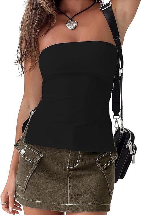 Night Out Tops, Black Tube, Women Y2k, Tube Tops, Strapless Tops, Bustiers, Bandeau Top, Side Split, Festival Outfit