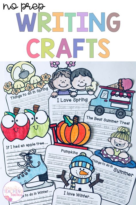 Check out these no prep writing crafts. This blog post talks about these fun and engaging writing prompts, which are ideal for Kindergarten, 1st grade and 2nd grade students. These craftivities are great for writing lessons, writing centers, or writer's workshop. They are seasonal and fun for kinder, first grade and second grade (spring, summer, fall, and winter). There are digital options too. Each craftivity is perfect for bulletin boards, as well as arts and crafts and literacy lessons too! Fall Writing Craft 2nd Grade, Literacy Activities 2nd Grade, Writing Ideas 1st Grade, Homeschool Projects For 1st Grade, September Craftivity First Grade, Fun Writing Activities For 1st Grade, Language Arts 1st Grade, Beginning Writing First Grade, Interactive Writing First Grade