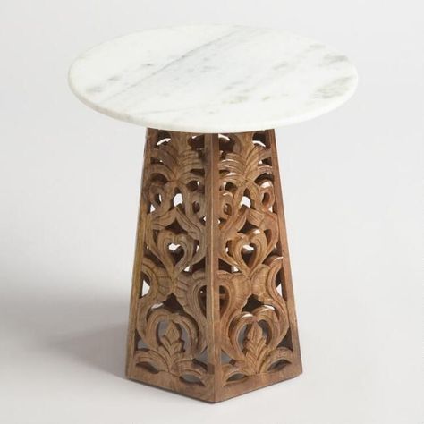 Marble and carved wood accent table Hexagon Side Table, Carved Side Table, Affordable Living Room Furniture, Furniture Sofa Set, Wood Accent Table, Lounge Cushions, Outdoor Chair Cushions, Wood Accent, Marble Coffee Table