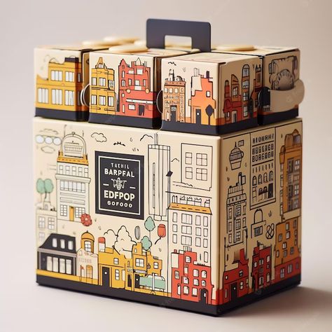 Premium AI Image | a box with a picture of a building that says quot the word quot on it Cool Box Packaging, Fun Packaging Design Boxes, Pottery Packaging Design, Food Box Packaging Design, Gift Box Branding, Gift Box Packaging Ideas, Creative Box Packaging, Box Packaging Ideas, Box Design Ideas