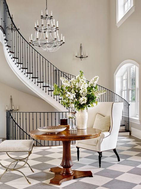 Grand Entryway Foyers, Tudor Manor, Traditional Entryway, Stair Cases, Shiplap Ceiling, Harrison Design, Stair Case, Lan Can, Foyer Design