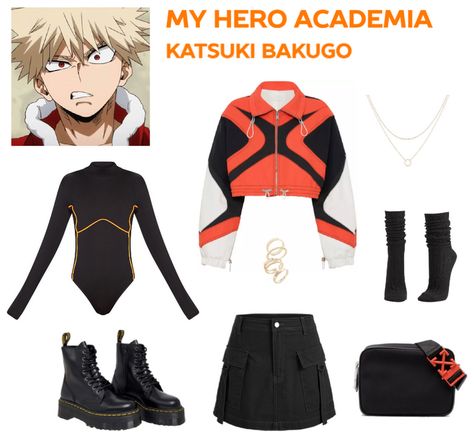 Unleash your inner hero with this explosive ensemble inspired by Katsuki Bakugo from My Hero Academia! The highlight is a jacket reminiscent of his hero uniform, exuding his fierce determination. A cargo skirt and Doc Martens amplify his edgy style, while the orange and black color scheme pays homage to his signature look. Channel Bakugo's fiery spirit and showcase your own heroism with this Katsuki Bakugo-inspired outfit. 💥🔥 Bakugou Costume Redesign, My Hero Academia Inspired Outfits, Bakugou Outfit Inspiration, My Hero Academia Outfits Ideas, Bakugou Inspired Outfit, Bakugo Fashion, Kirishima Inspired Outfit, Bakugo Inspired Outfit, My Hero Academia Outfits