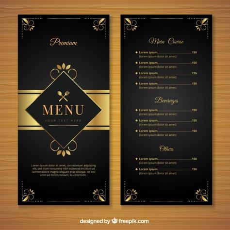 Retro menu template with golden ornament... | Free Vector #Freepik #freevector #logo #food #vintage #menu Menu Design Layout, Menu Cover Design, Colorful Restaurant, Hotel Menu, Menu Card Design, Food Vintage, Menue Design, Restaurant Poster, Menu Layout