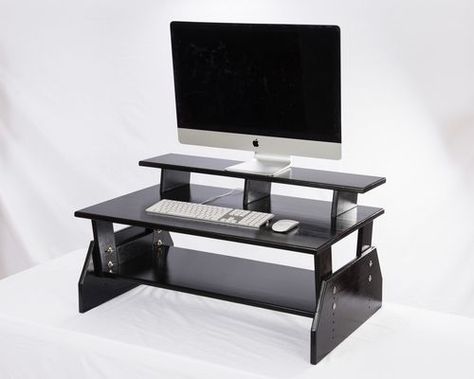 Solid Black Adjustable Standing Desk Converters with a triple ... Standing Desk Topper, Desk Toppers, Standup Desk, Desk Topper, Standing Work Station, Monitor Shelf, Adjustable Computer Desk, Standing Desk Converter, New Year's Resolution