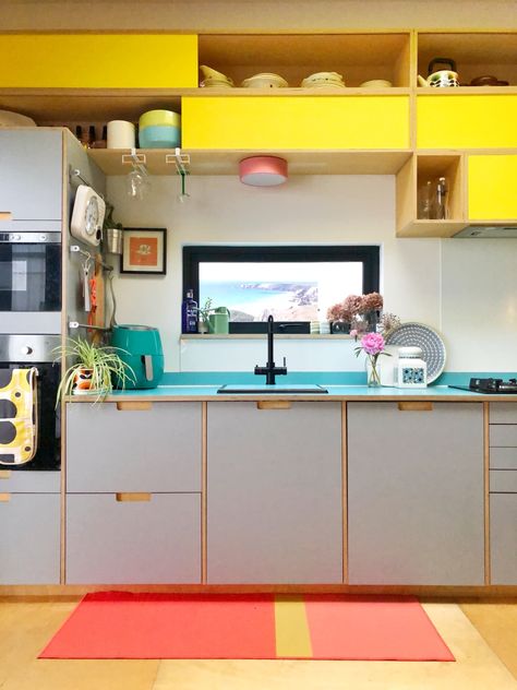 Colorful, Creative UK With Retro-Style Plywood Kitchen | Apartment Therapy Ply Kitchen, Colorful Kitchen Ideas, Colorful Kitchens, Ikea Sinks, Funky Kitchen, Plywood Kitchen, Caravan Interior, Neutral Kitchen, Uk Homes