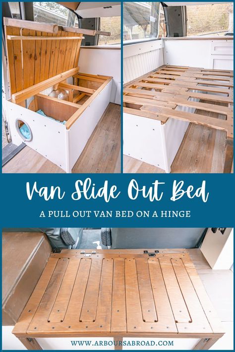 Table To Bed Camper, Diy Couch For Camper, Diy Slide Out Bed, Slide Out Camper Bed, Camper Bench Bed, Camper Couch To Bed, Camper Table Bed Ideas, Small Camper Bed Ideas, Rv Bed Ideas Small Spaces