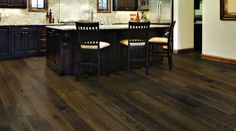 Angora Hardwood in the Livingston color Dark Brown Floor, Oak Engineered Hardwood, Brown Kitchen Cabinets, Wood Floor Kitchen, Dark Wood Cabinets, Kitchen Backsplashes, Brown Floors, Light Wood Floors, Brown Kitchens