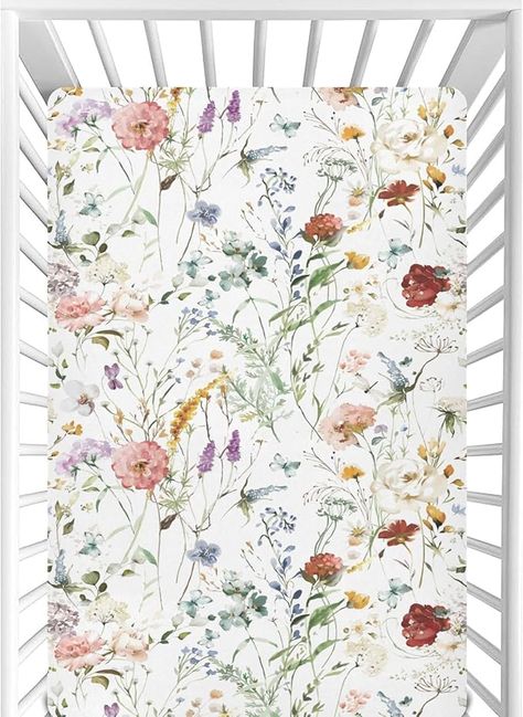 Amazon.com: CaTaKu Wildflower Boho Mini Crib Sheets for Girls Boys Baby Mattress Sheets Fitted, Soft Toddler Nursery Bed Sheets Neutral 28"x 52" : Baby Wildflower Nursery Theme Bohemian, Baby Girl Nursery Wildflower, Wildflower Nursery Theme, Butterfly Baby Room, Boho Girls Room, Wildflower Nursery, Nursery Bed, Toddler Nursery, Baby Mattress