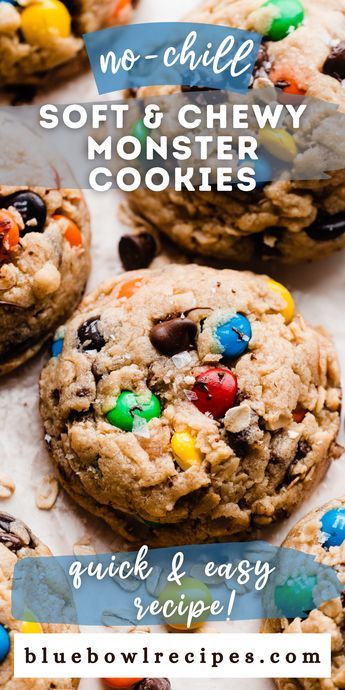 Soft Batch M&m Cookies, Jumbo Cookies Monsters, Monster Cookies Recipe Easy, Small Batch Monster Cookies, Bakery Style Monster Cookies, M M Oatmeal Cookies Recipe, Monster Oatmeal Cookies, Monster Cookies No Peanut Butter, No Chill Cookies