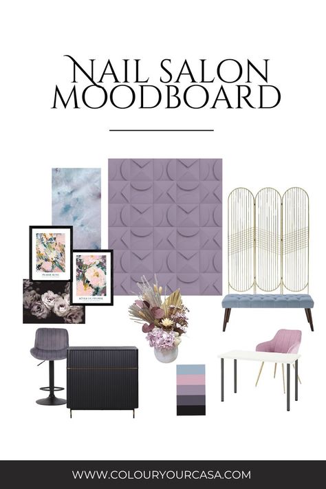 Nail salon moodboard with art deco influences and dusty  shades of blue and lilac. Lilac Beauty Salon, Nail Parlour Interior Design, Salon Mood Board, Parlor Design, Parlour Design, Lilac Decor, Moody Interior Design, Nail Parlour, Interior Design Color Schemes