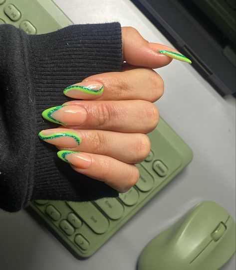 Cute At Patrick’s Day Nails, Sparkly Green Nail Designs, Gel Nail Designs Green St Patrick, St Patricks Day Nails Design Almond, Lime Green Design Nails, Green Nails For St. Patrick’s Day, Lime Green Almond Acrylic Nails, Spring St Patricks Day Nails, Lime Green Prom Nails