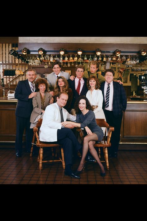 Cheers - Clockwise from left: Cliff Clavin, Carla Tortelli, Robin Colcord, Sam Malone, Woody Boyd, Norm Peterson, Diane Chambers, Lilith Sternin, Frasier Crane, Rebecca Howe - HarpersBAZAAR.com Humour, Lilith Sternin, Diane Chambers, Shelley Long, George Wendt, Rhea Perlman, Cheers Tv Show, Cheers Tv, Bebe Neuwirth