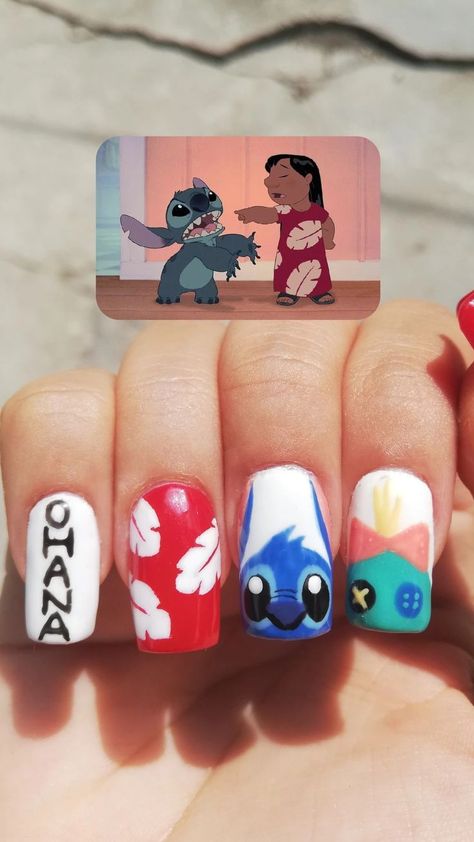 Lilo And Stitch Press On Nails, Lilo And Stitch Nails Acrylic Simple, Stitch Disney Nail Art, Lilo And Stitch Inspired Nails, Moana Nail Designs, Stitch Themed Nails, Easy Stitch Nails, Short Stitch Nails, Zootopia Nails